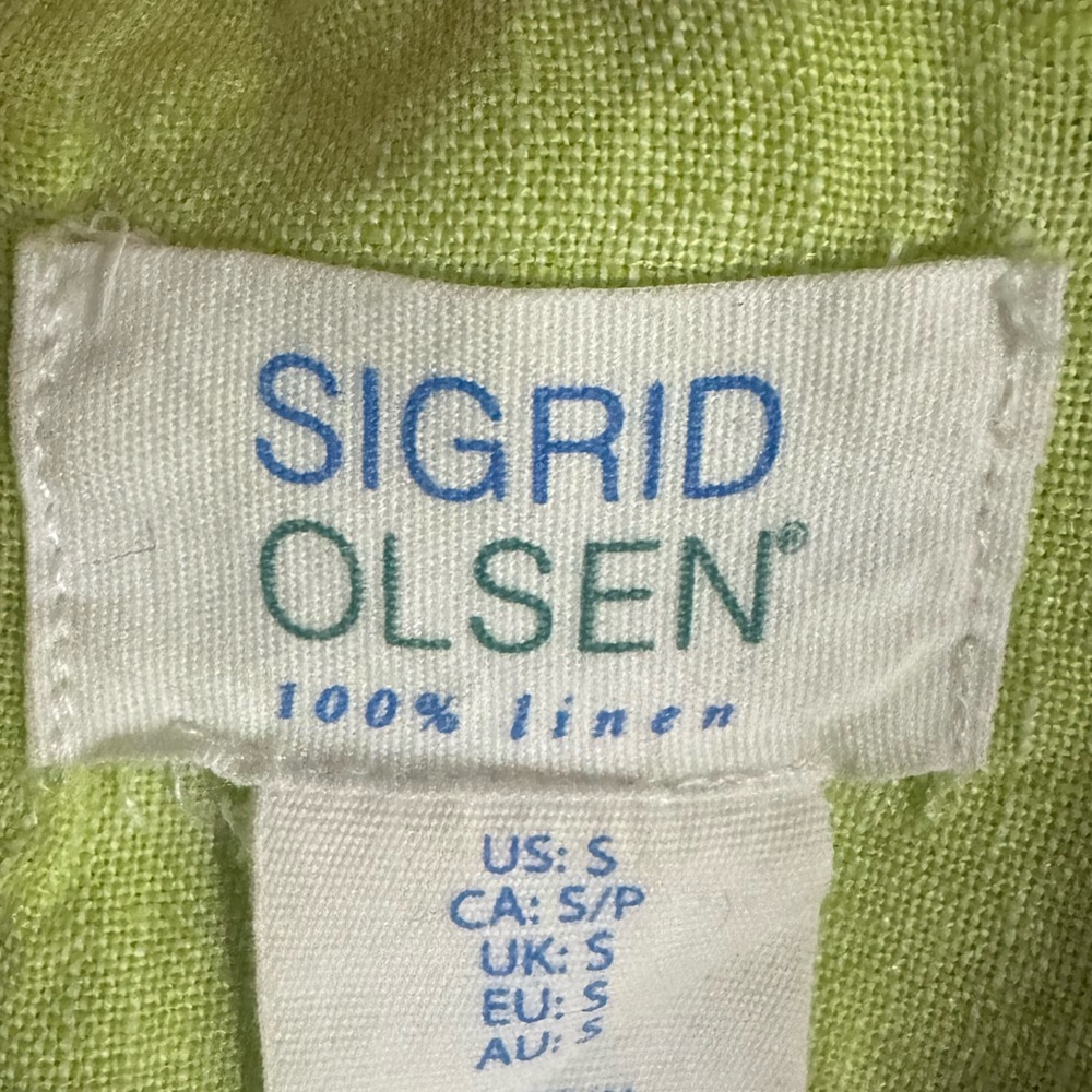 SIGRID OLSEN Linen Shirt Green L/S Roll Cuff V Neck Point Collar S Small EUC $98 - Picture 11 of 13